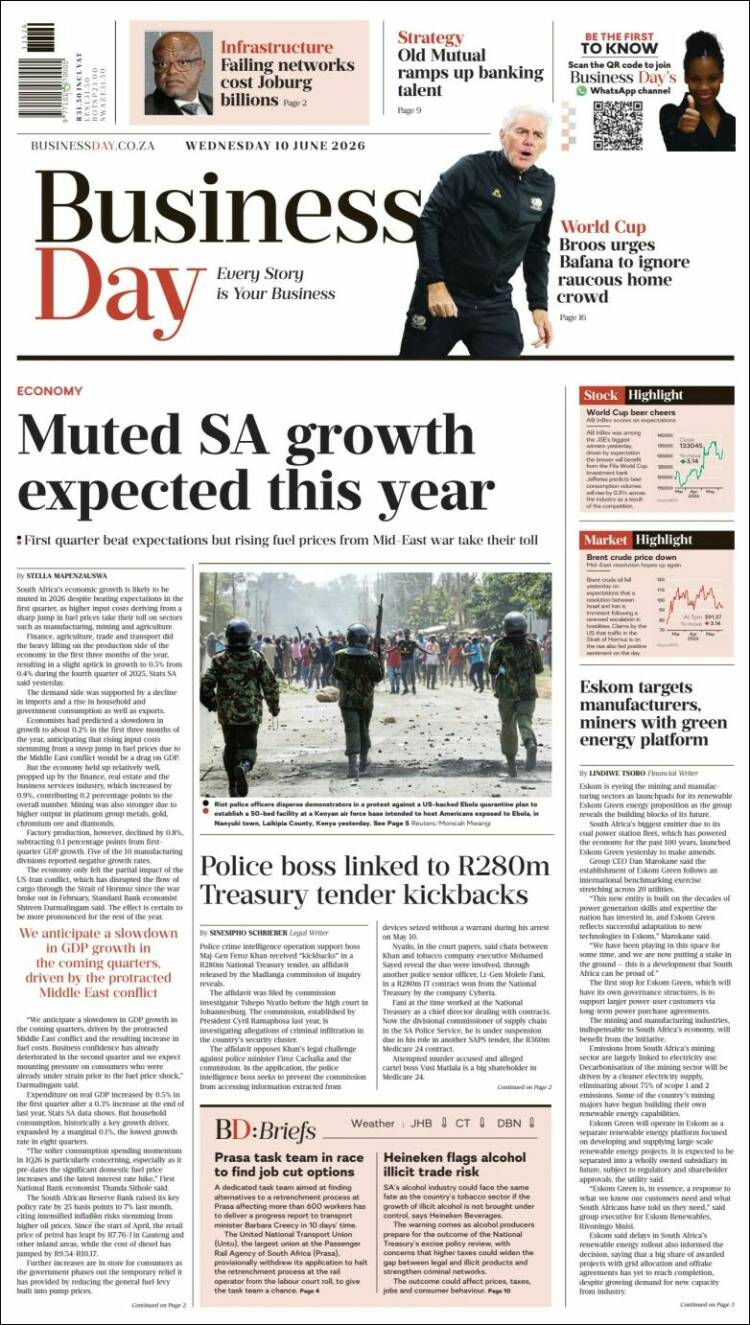Portada de Business Day (Sud&aacute;frica)