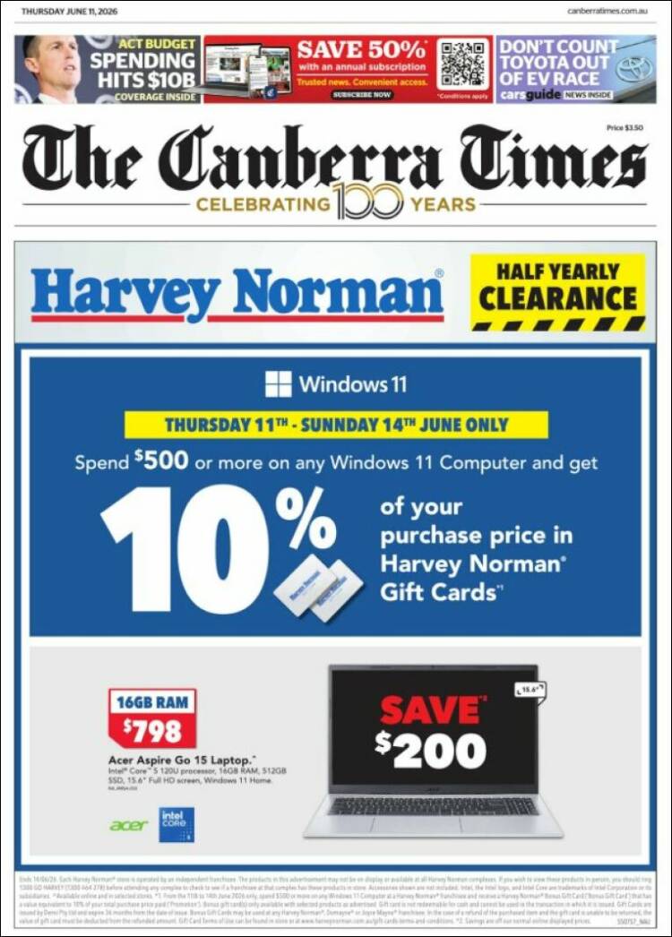 Portada de The Canberra Times (Australia)