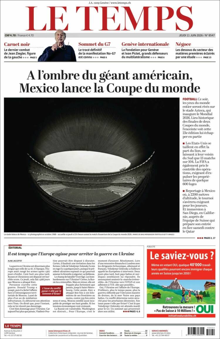 Portada de Le Matin (Suiza)