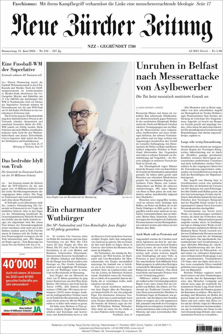 Portada de Neue Zürcher Zeitung (Suiza)