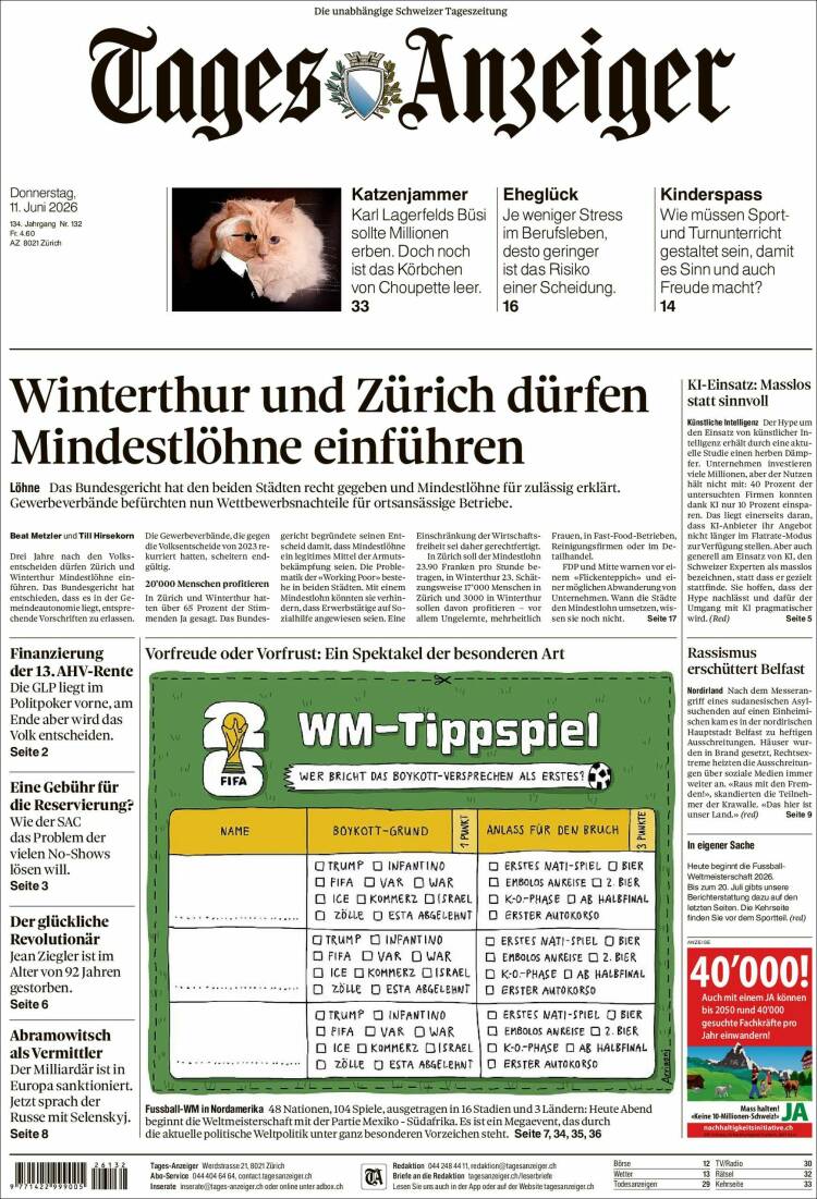 Portada de Tages-Anzeiger (Suiza)