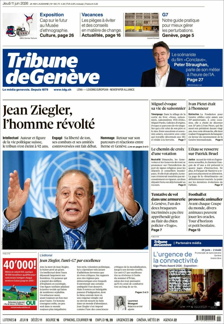 Portada de La Tribune de Genève (Suiza)