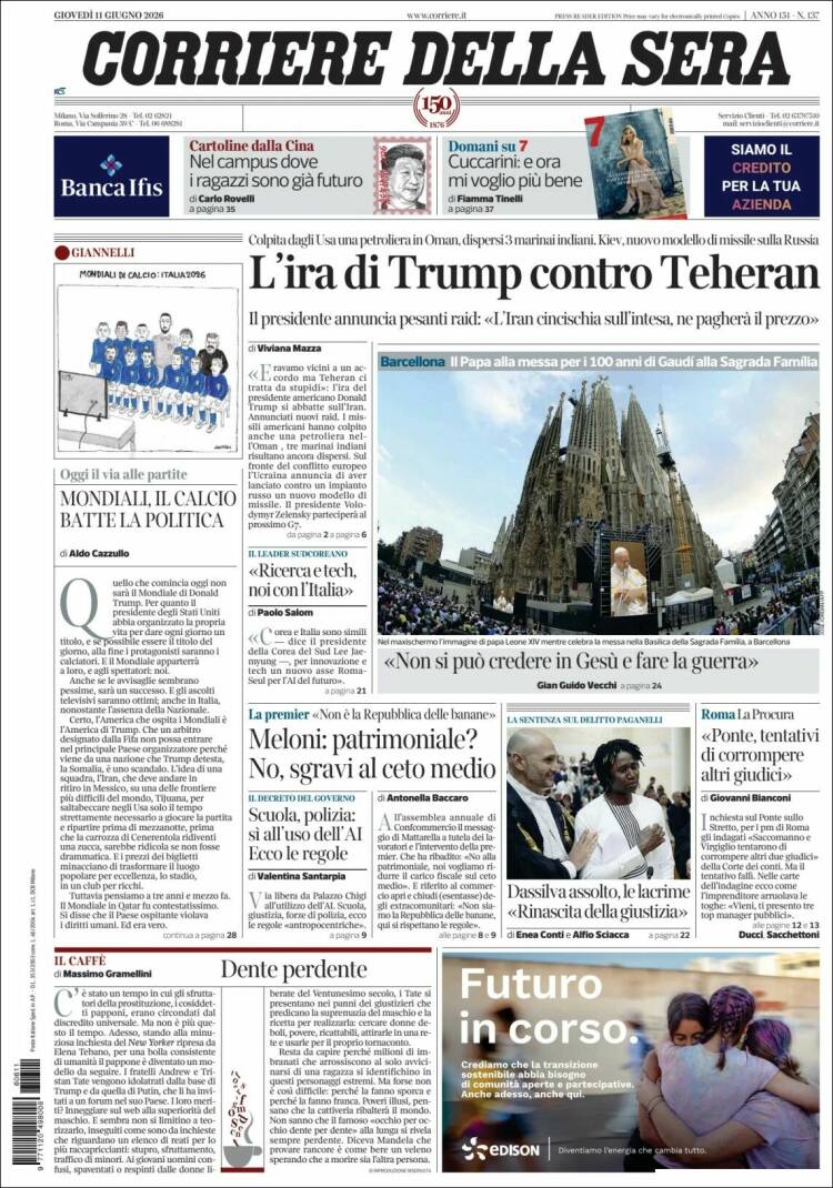 Portada de Corriere della Sera (Italia)