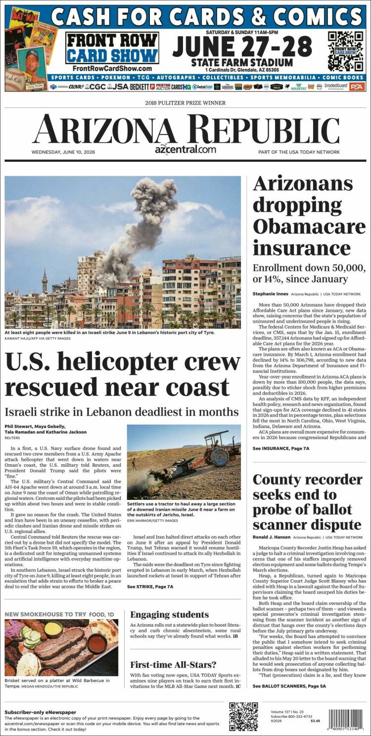 Portada de Arizona Republic News (USA)