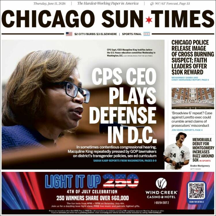 Portada de Chicago Sun-Times (USA)