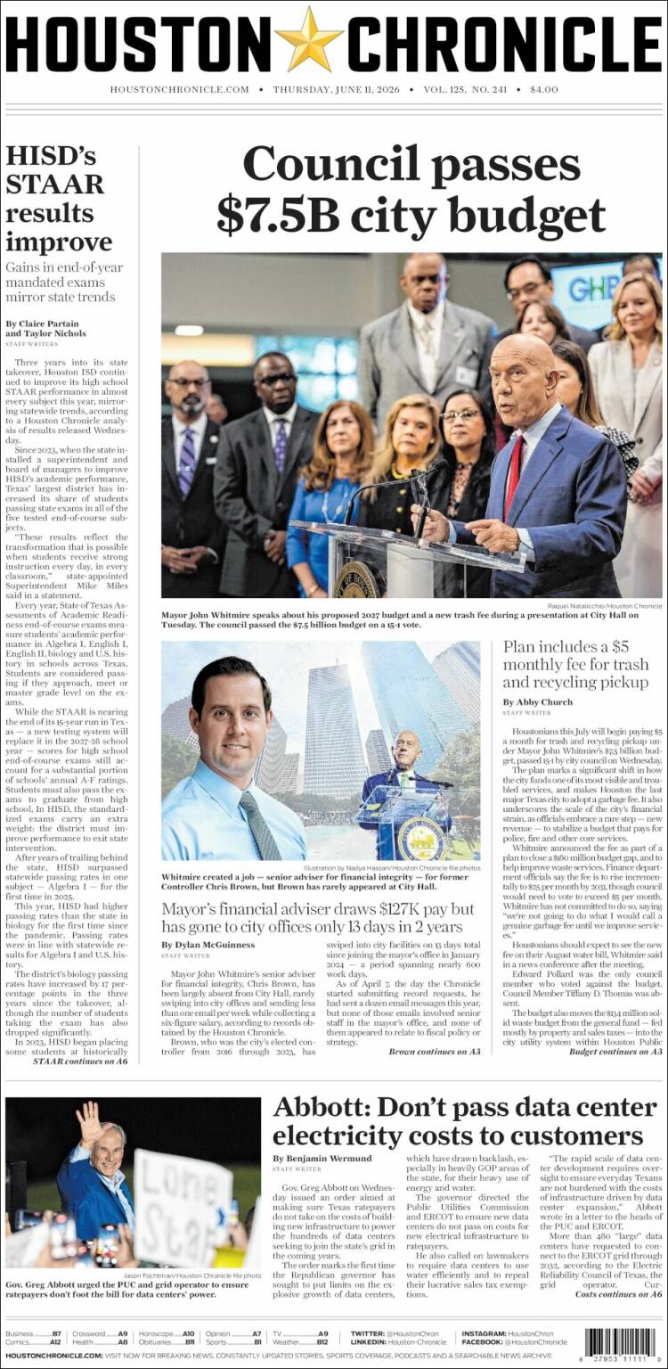 Portada de Houston Chronicle (USA)