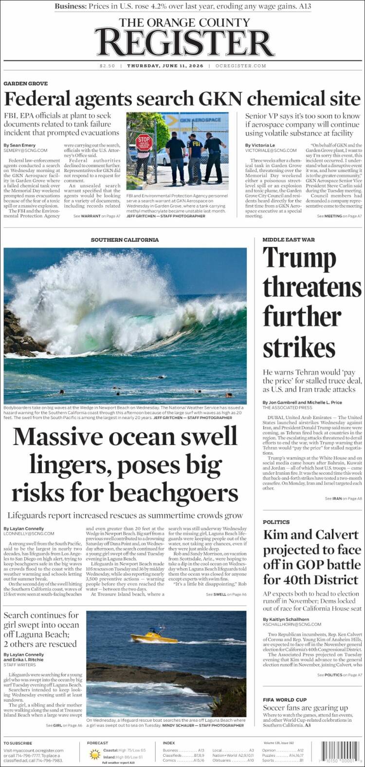 Portada de The Orange County Register (USA)