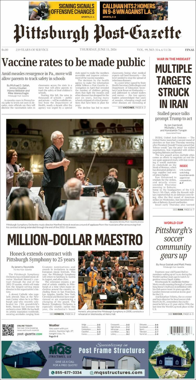 Portada de Pittsburgh Post-Gazette (USA)