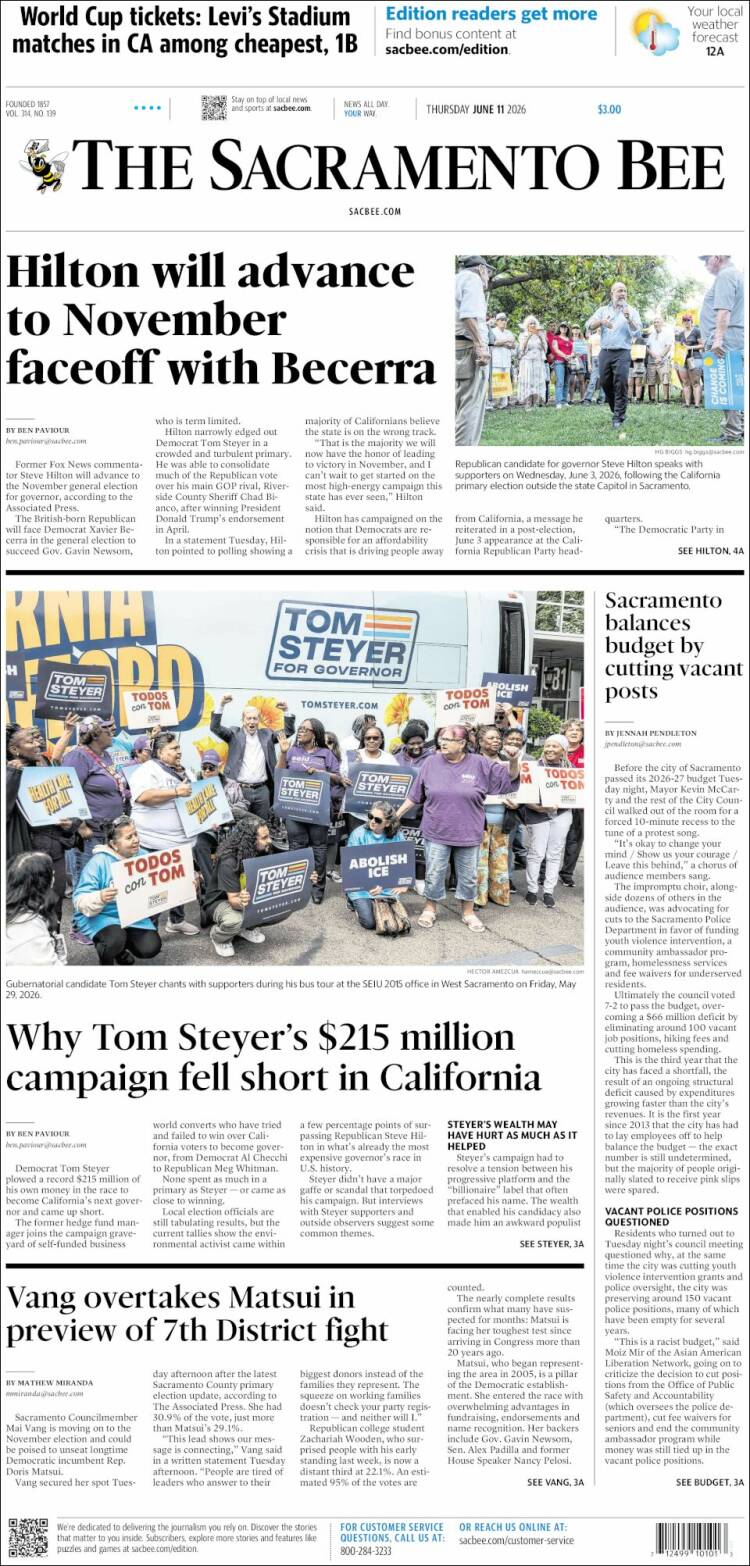 Portada de The Sacramento Bee (USA)