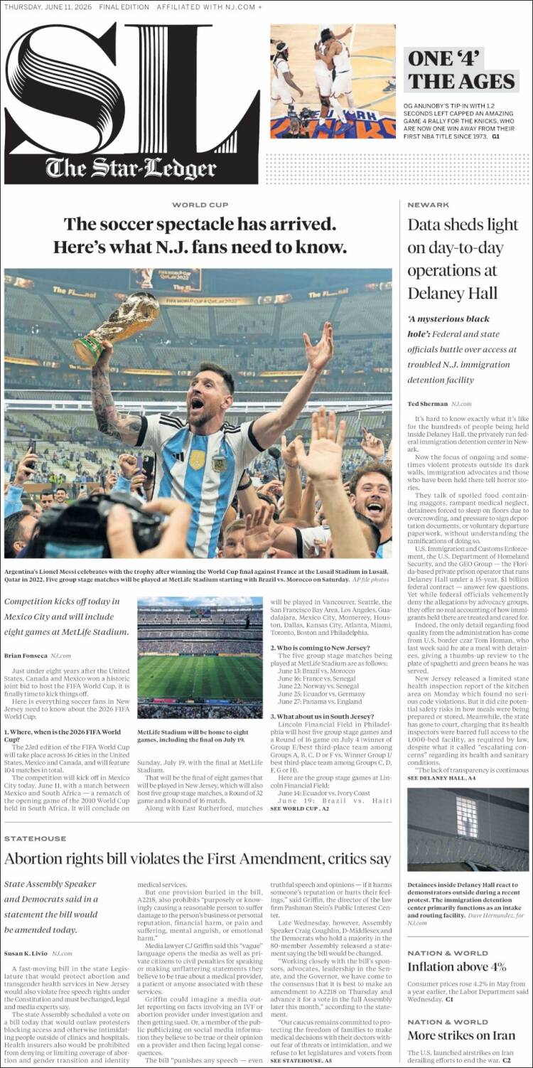 Portada de Star-Ledger (USA)