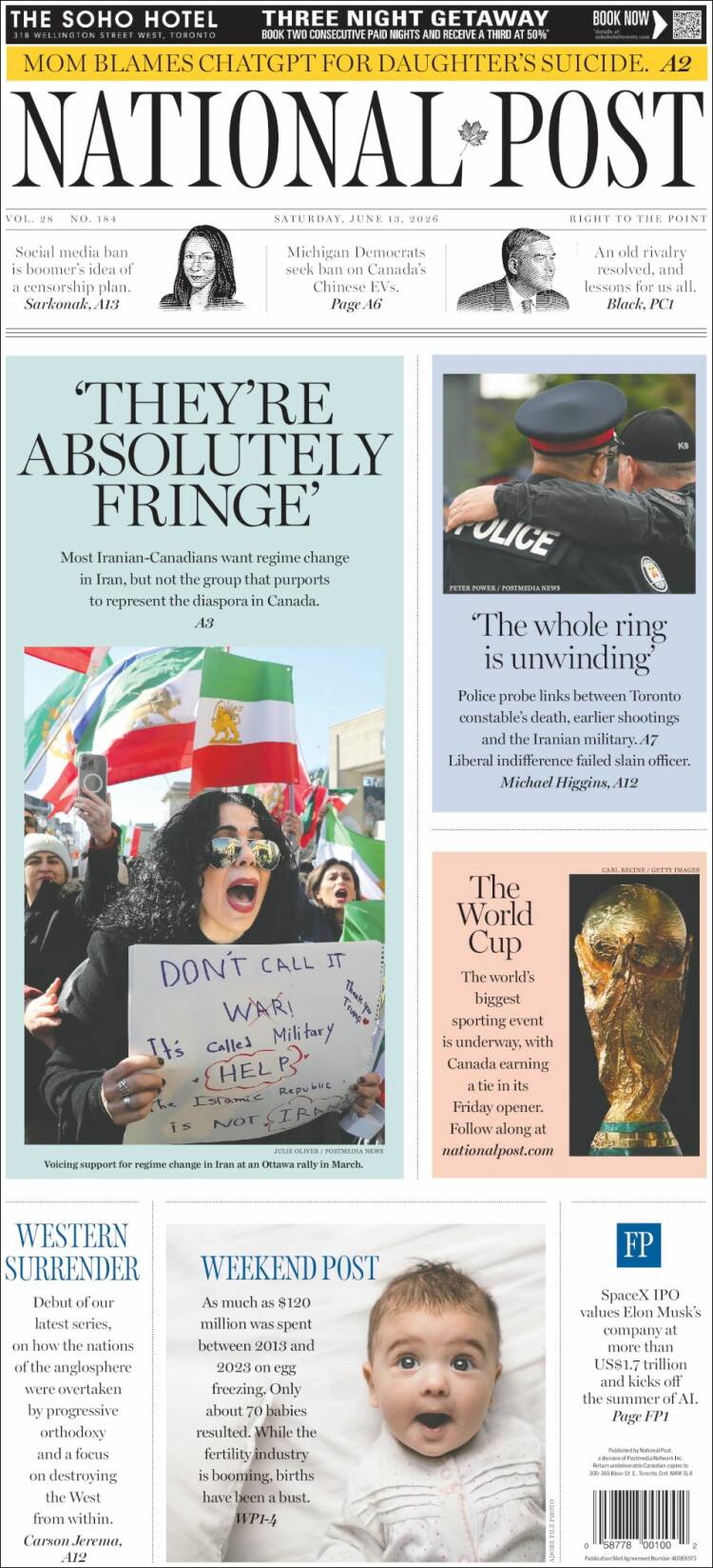Portada de The National Post (Canada)
