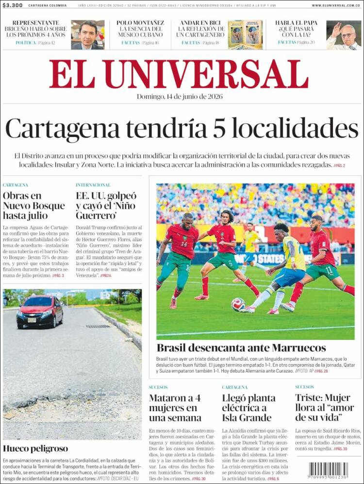 Portada de El Universal (Colombia)