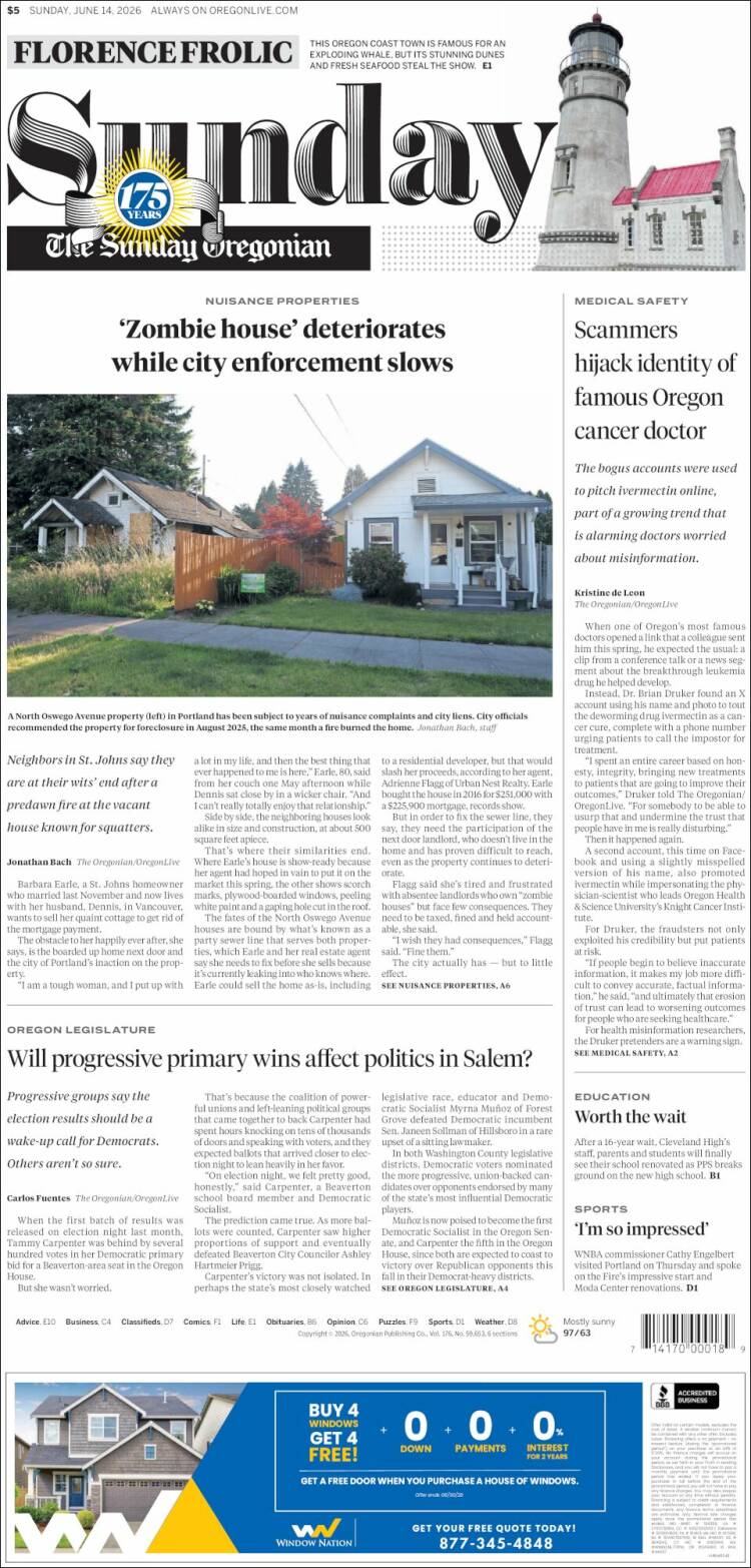 Portada de The Oregonian (USA)