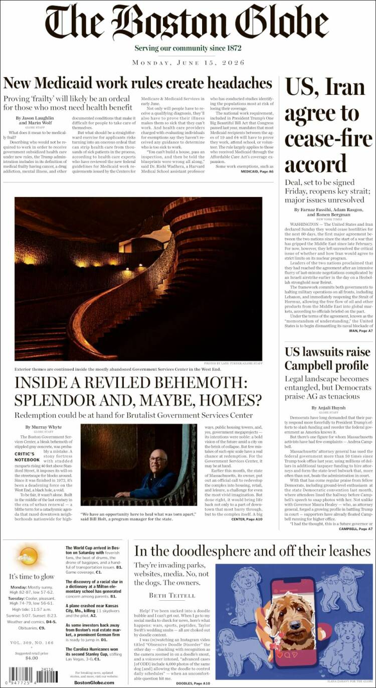 Portada de Boston Globe (USA)