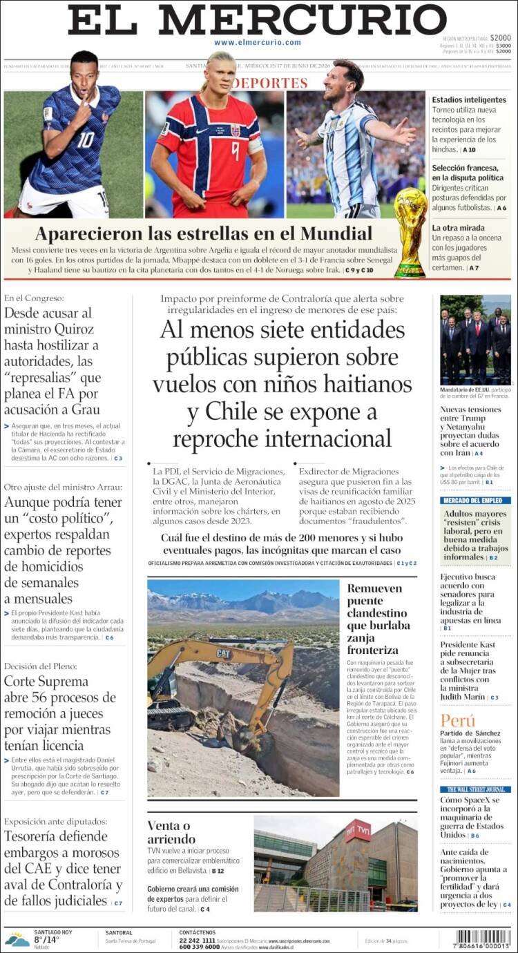 Portada de El Mercurio (Chile)