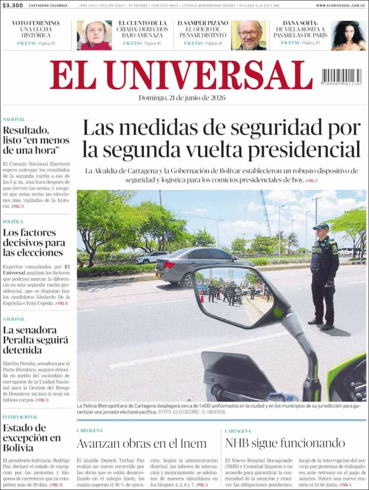 Portada de El Universal (Colombia)
