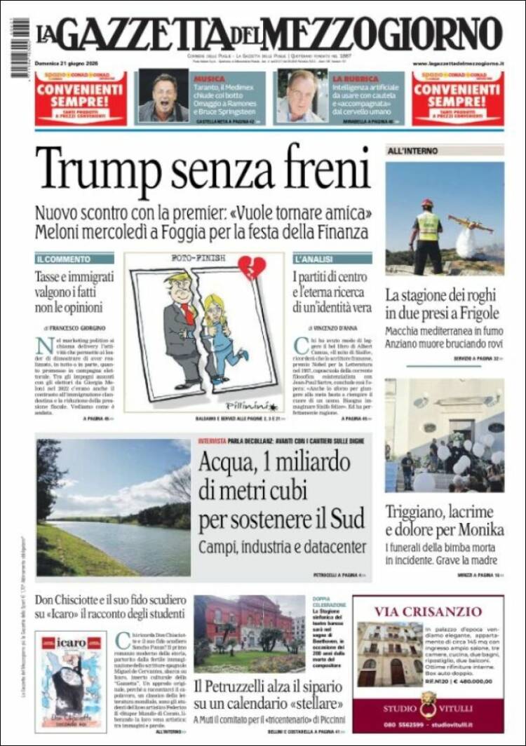 Portada de La Gazzetta del Mezzogiorno (Italia)