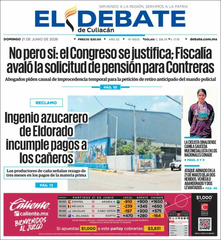 Portada de El Debate de Culiacán (M&eacute;xico)
