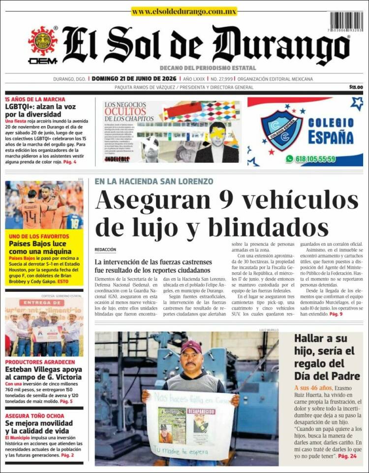 Portada de El Sol de Durango (M&eacute;xico)
