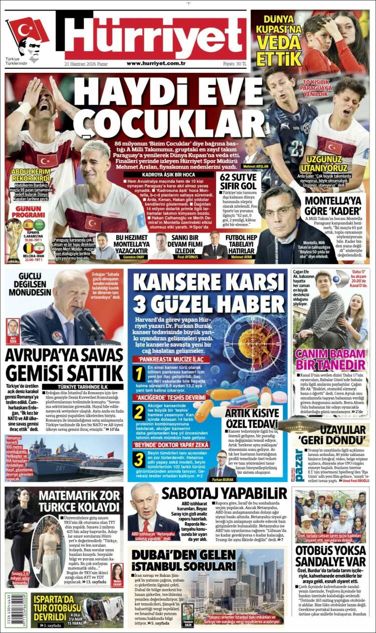 Portada de Hürriyet (Turqu&iacute;a)