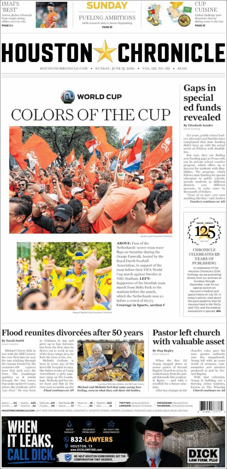 Portada de Houston Chronicle (USA)