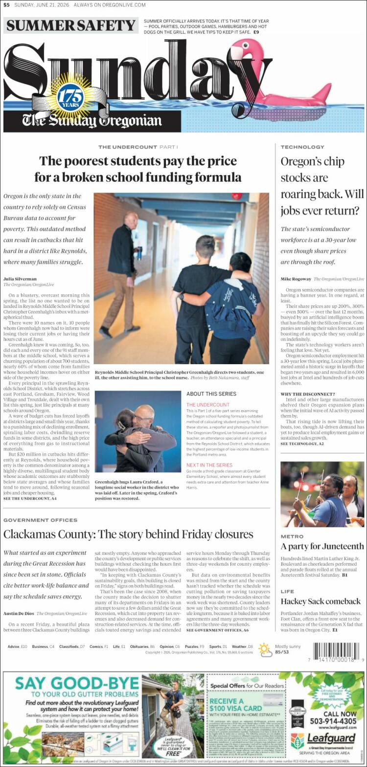Portada de The Oregonian (USA)