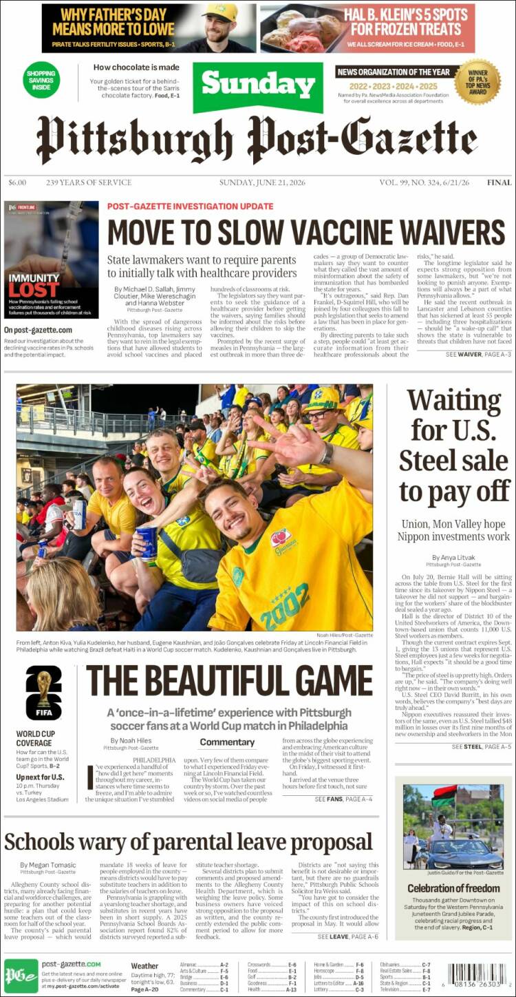 Portada de Pittsburgh Post-Gazette (USA)