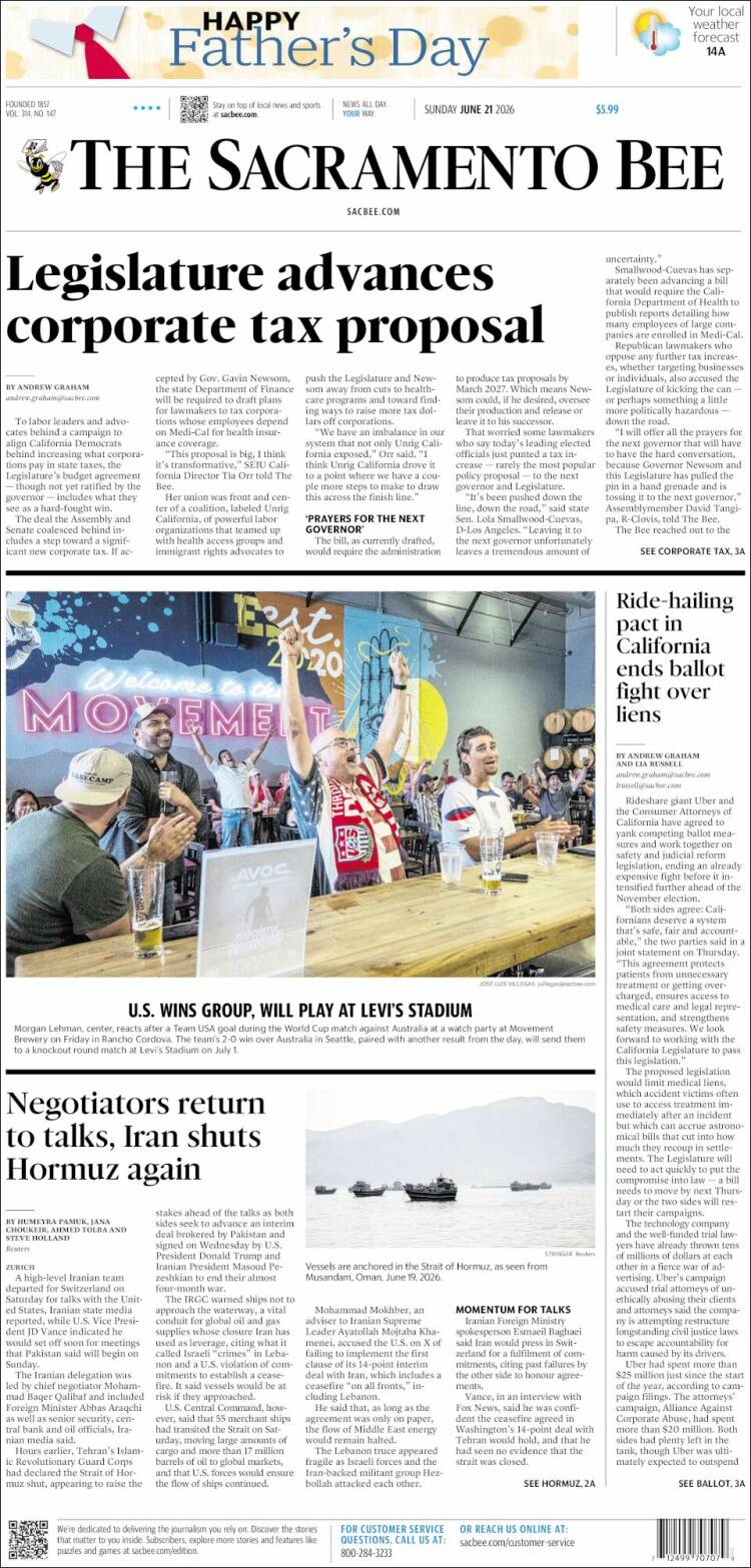 Portada de The Sacramento Bee (USA)