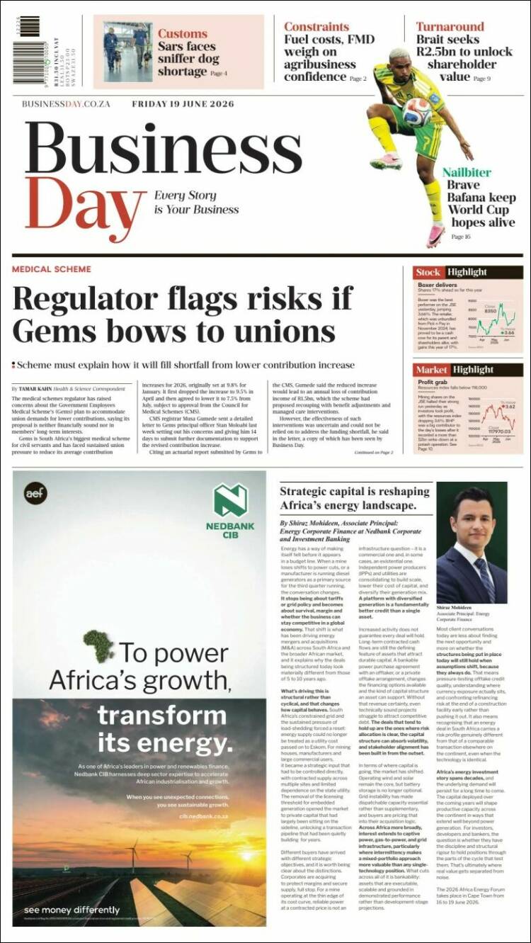 Portada de Business Day (Sud&aacute;frica)