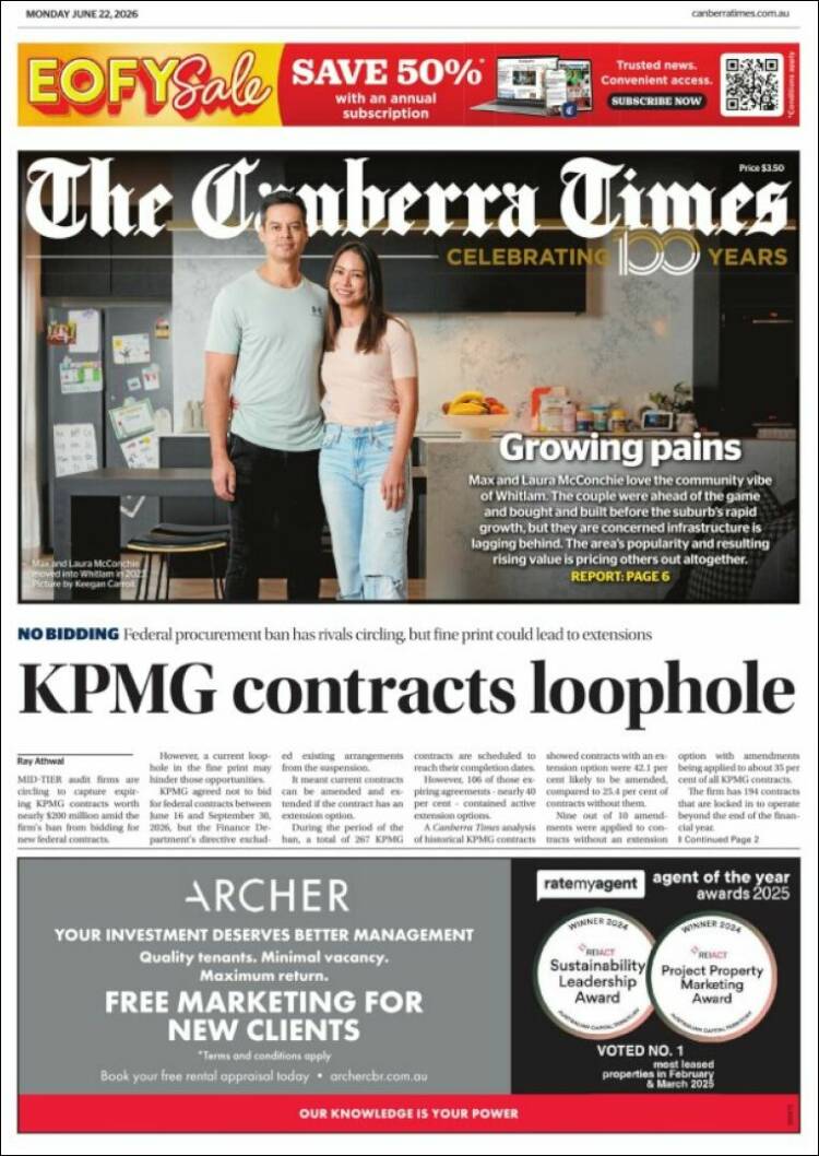 Portada de The Canberra Times (Australia)