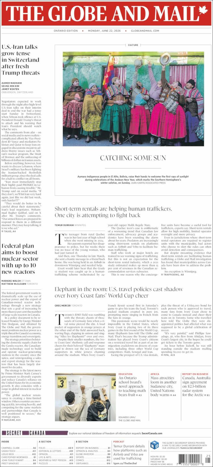 Portada de The Globe and Mail (Canad&aacute;)