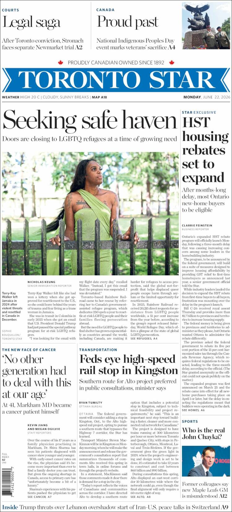 Portada de The Toronto Star (Canad&aacute;)