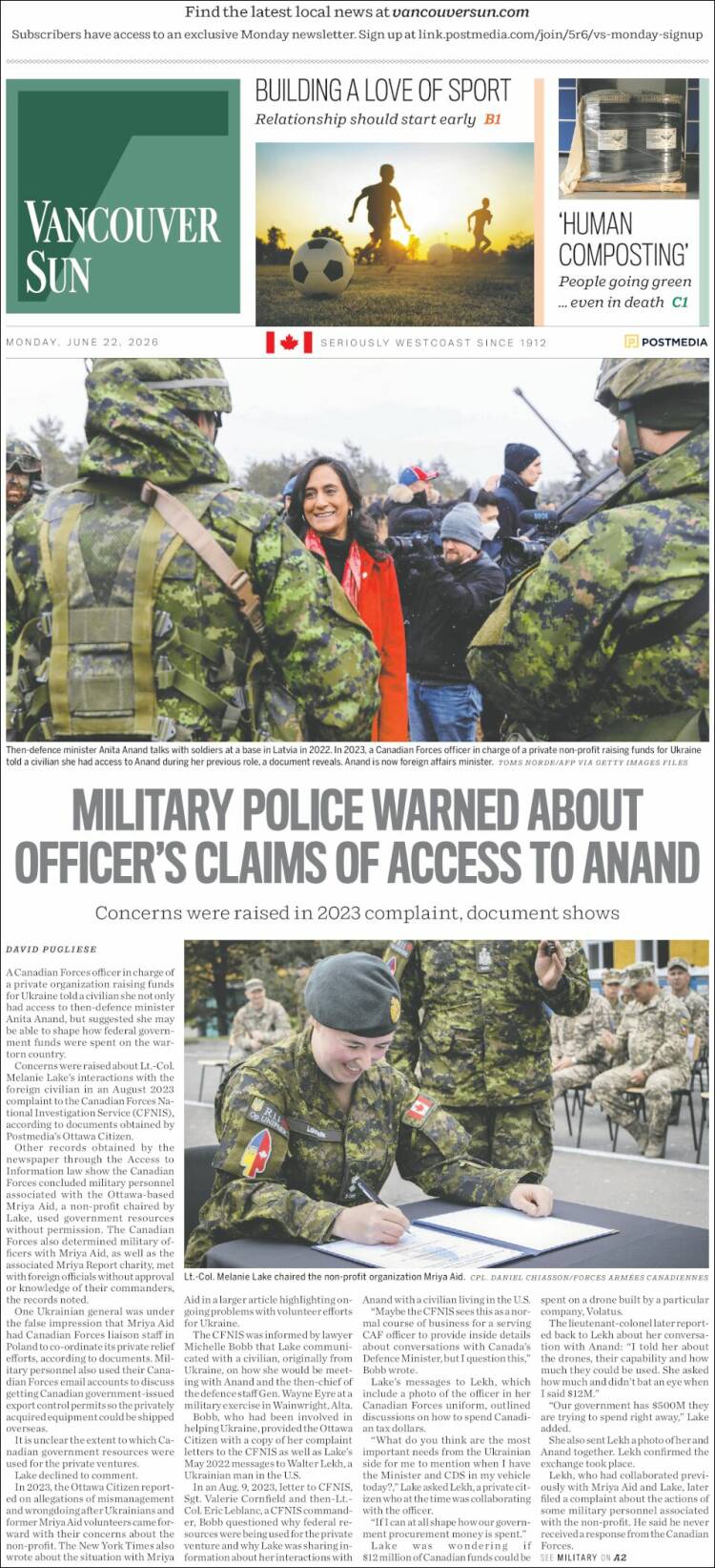 Portada de The Vancouver Sun (Canad&aacute;)