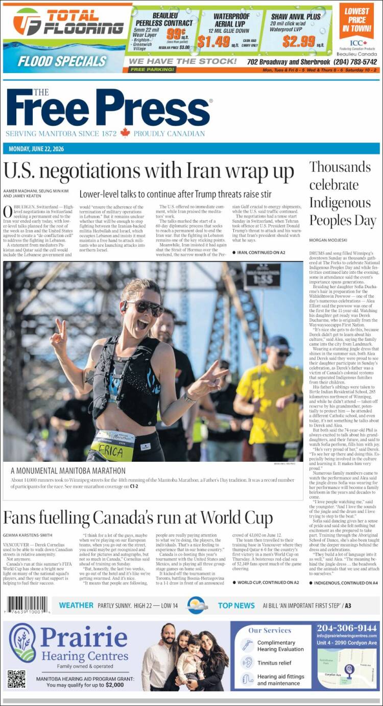 Portada de Winnipeg Free Press (Canad&aacute;)