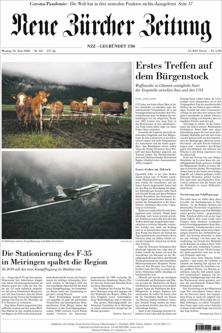 Portada de Neue Zürcher Zeitung (Suiza)