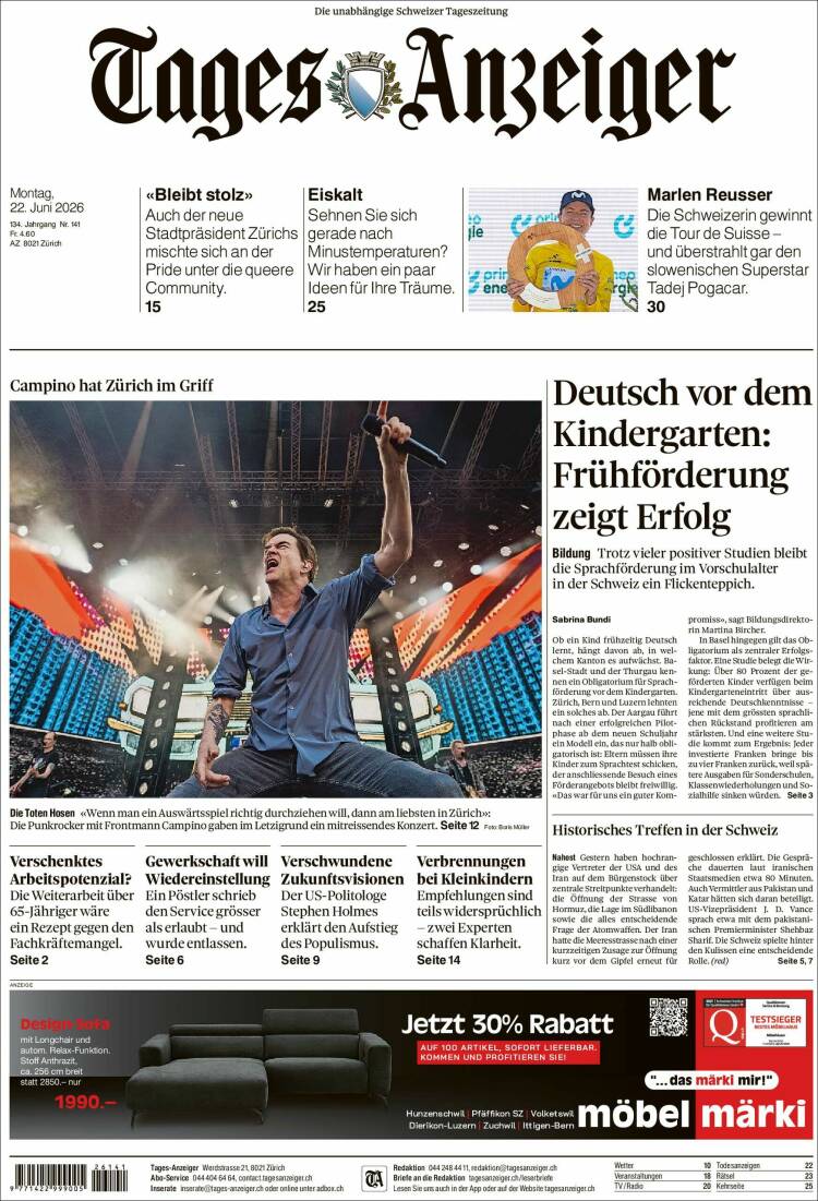 Portada de Tages-Anzeiger (Suiza)