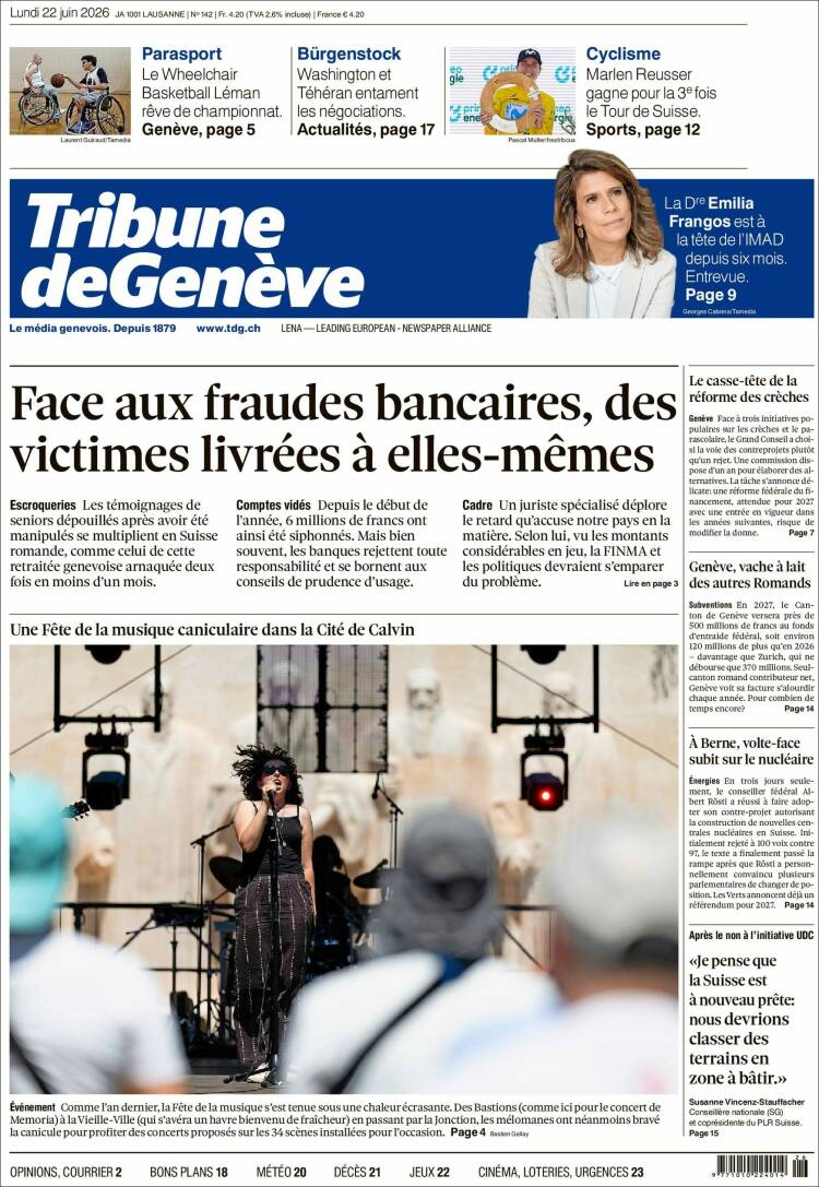 Portada de La Tribune de Genève (Suiza)