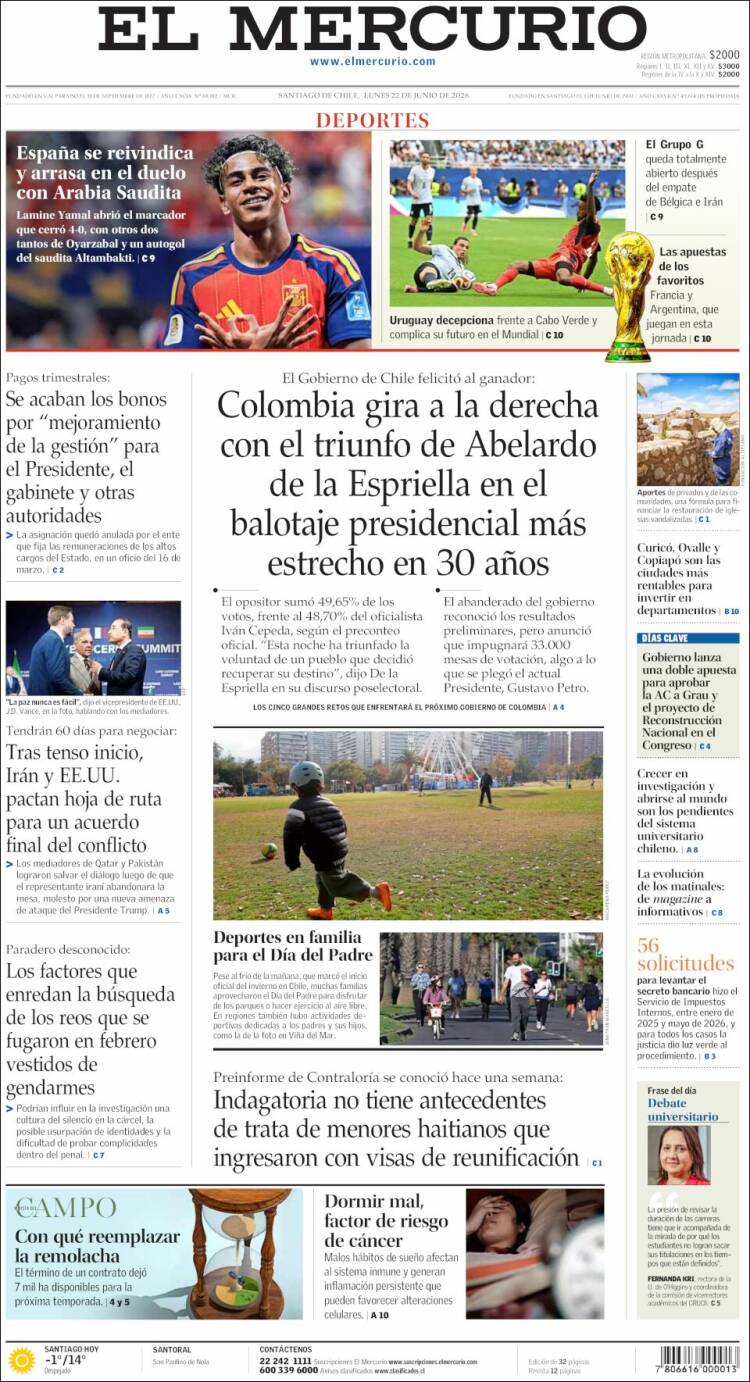 Portada de El Mercurio (Chile)