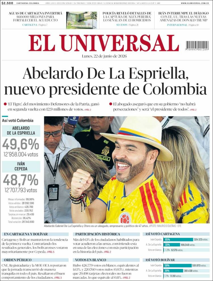 Portada de El Universal (Colombia)