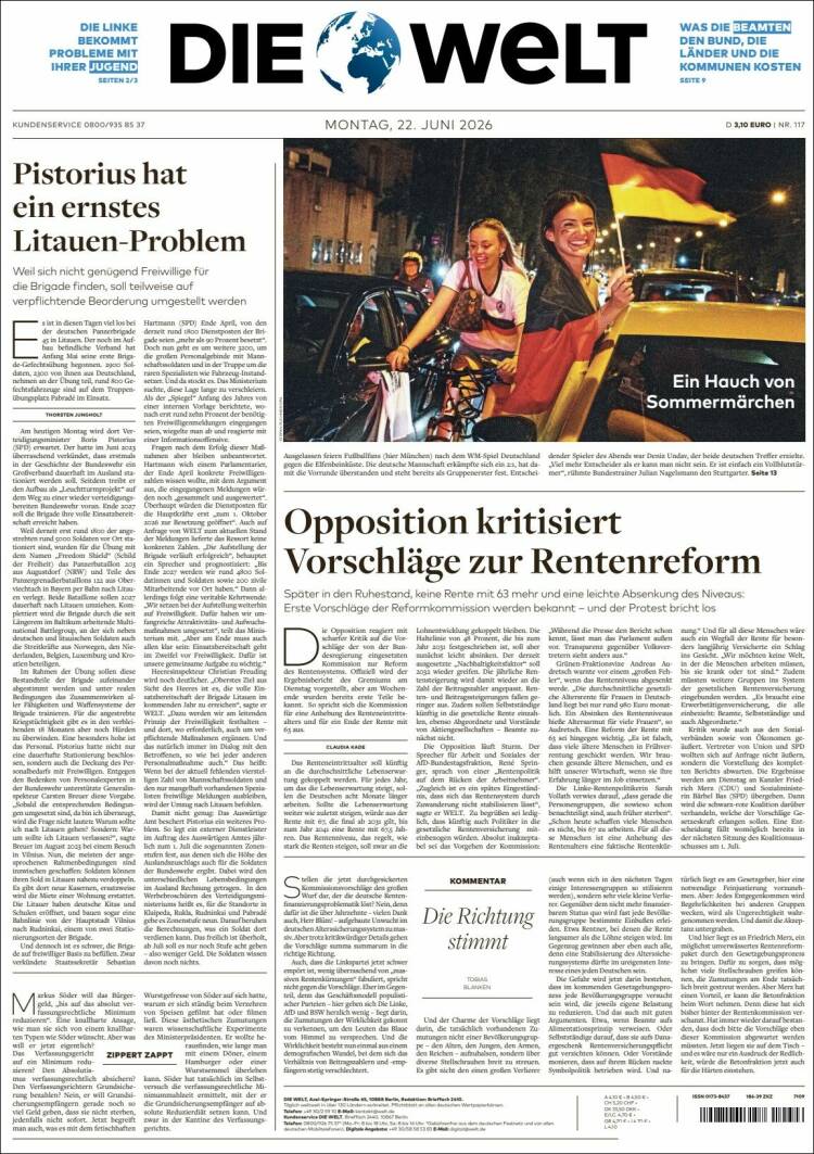 Portada de Die Welt (Alemania)