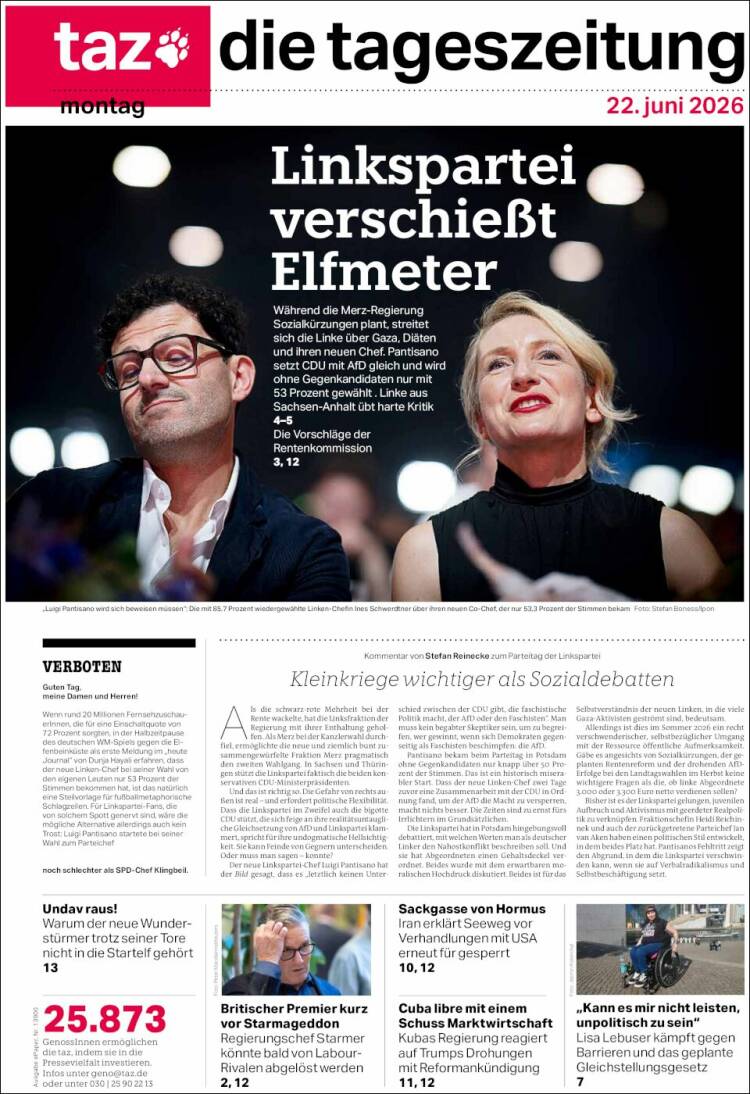 Portada de Die Tageszeitung (Alemania)