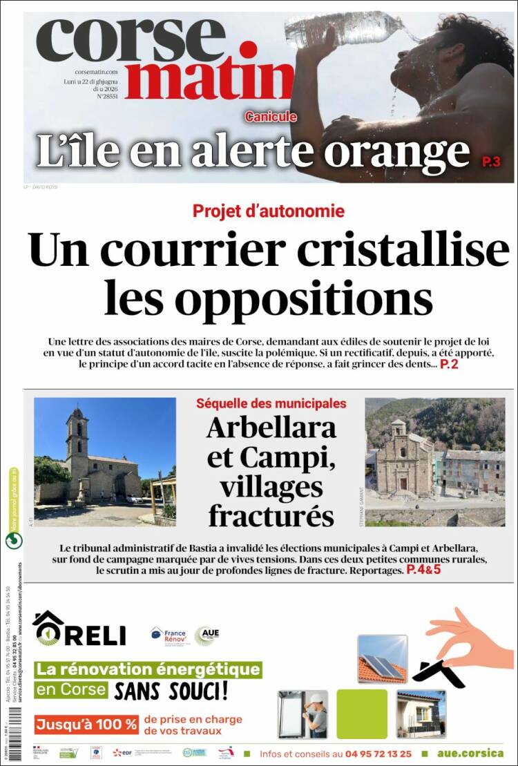 Portada de Corse-Matin (Francia)