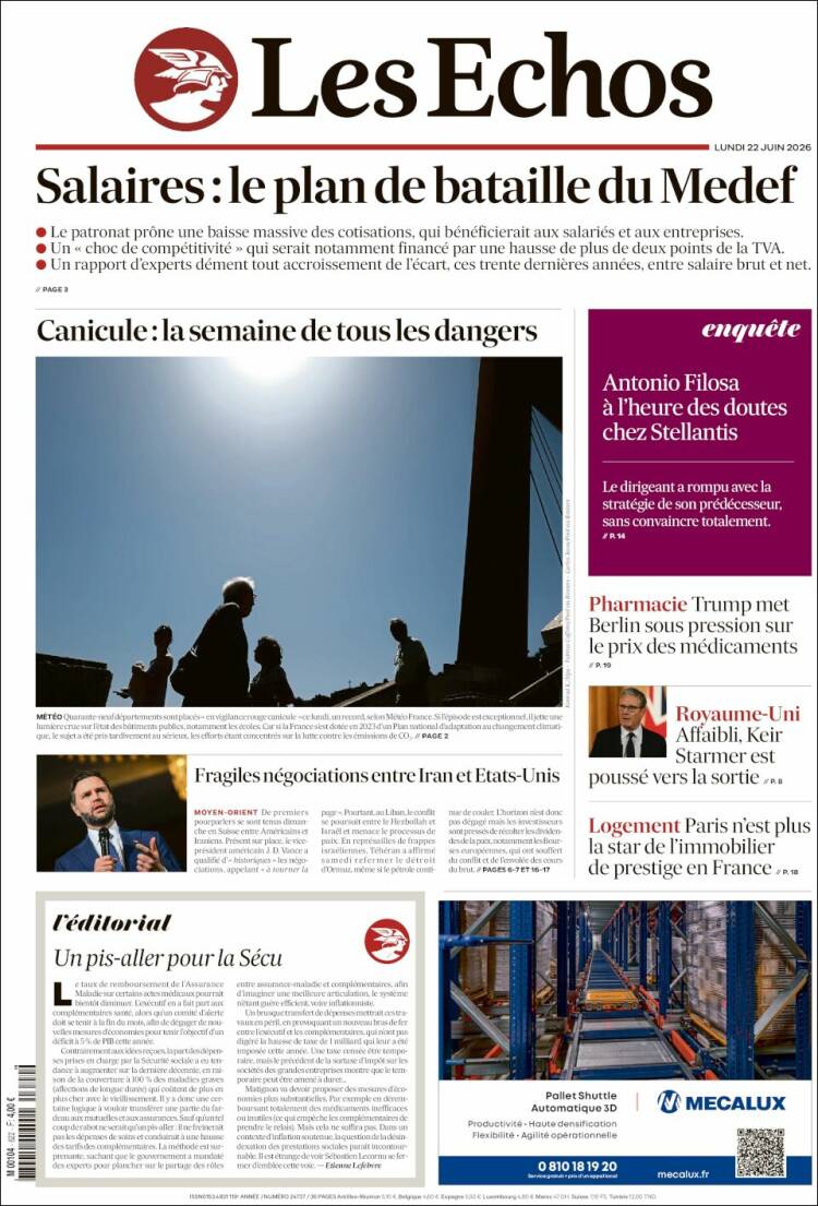 Portada de Les Echos (Francia)