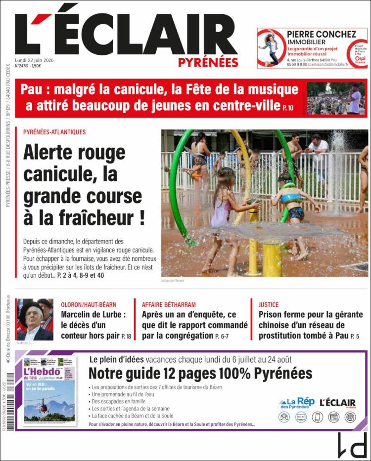 Portada de L'Eclair des Pyrénées (Francia)