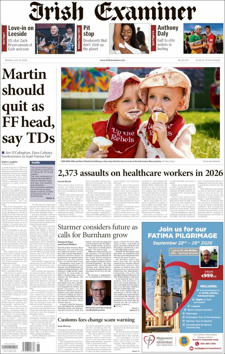 Portada de Irish Examiner (Irlanda)