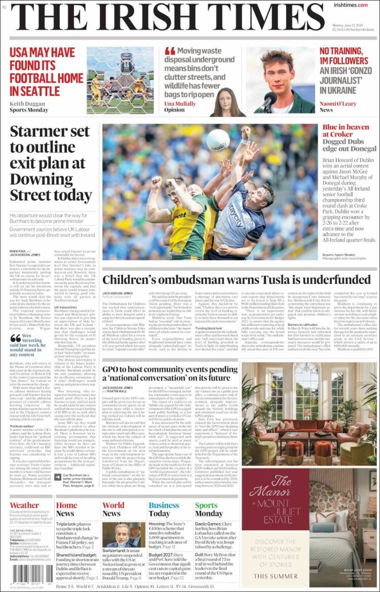 Portada de Irish Times (Irlanda)