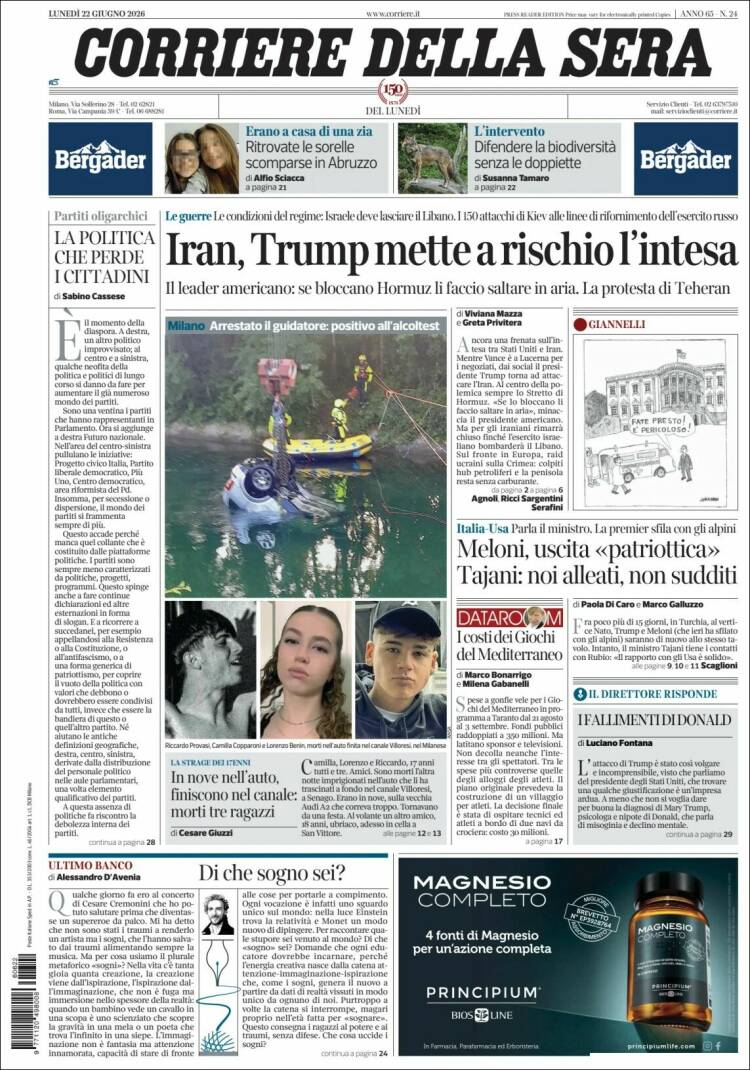 Portada de Corriere della Sera (Italia)