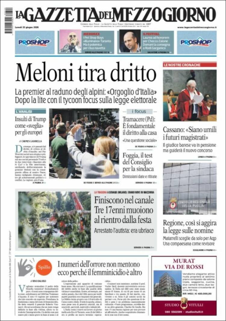 Portada de La Gazzetta del Mezzogiorno (Italia)