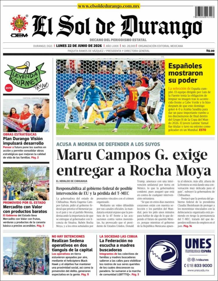 Portada de El Sol de Durango (M&eacute;xico)
