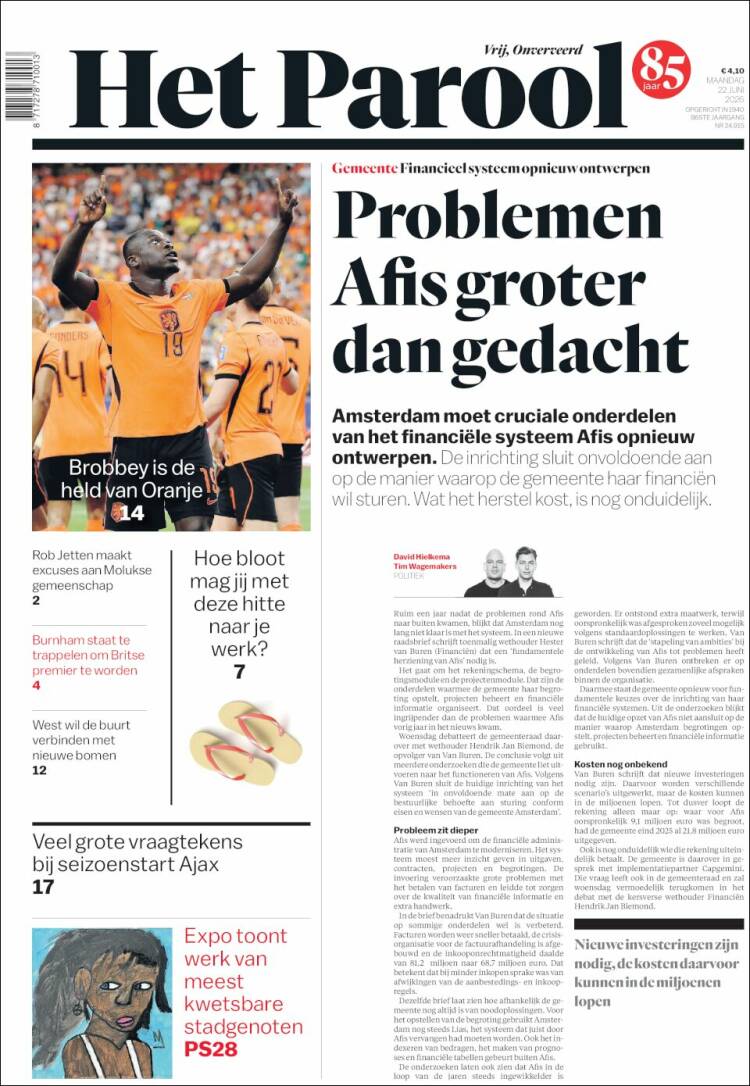 Portada de Het Parool (Pa&iacute;ses Bajos)